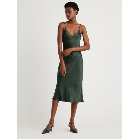 Quince Washable Silk Slip Midi Dress Womens Small Dark Green V Neck - Picture 1 of 13